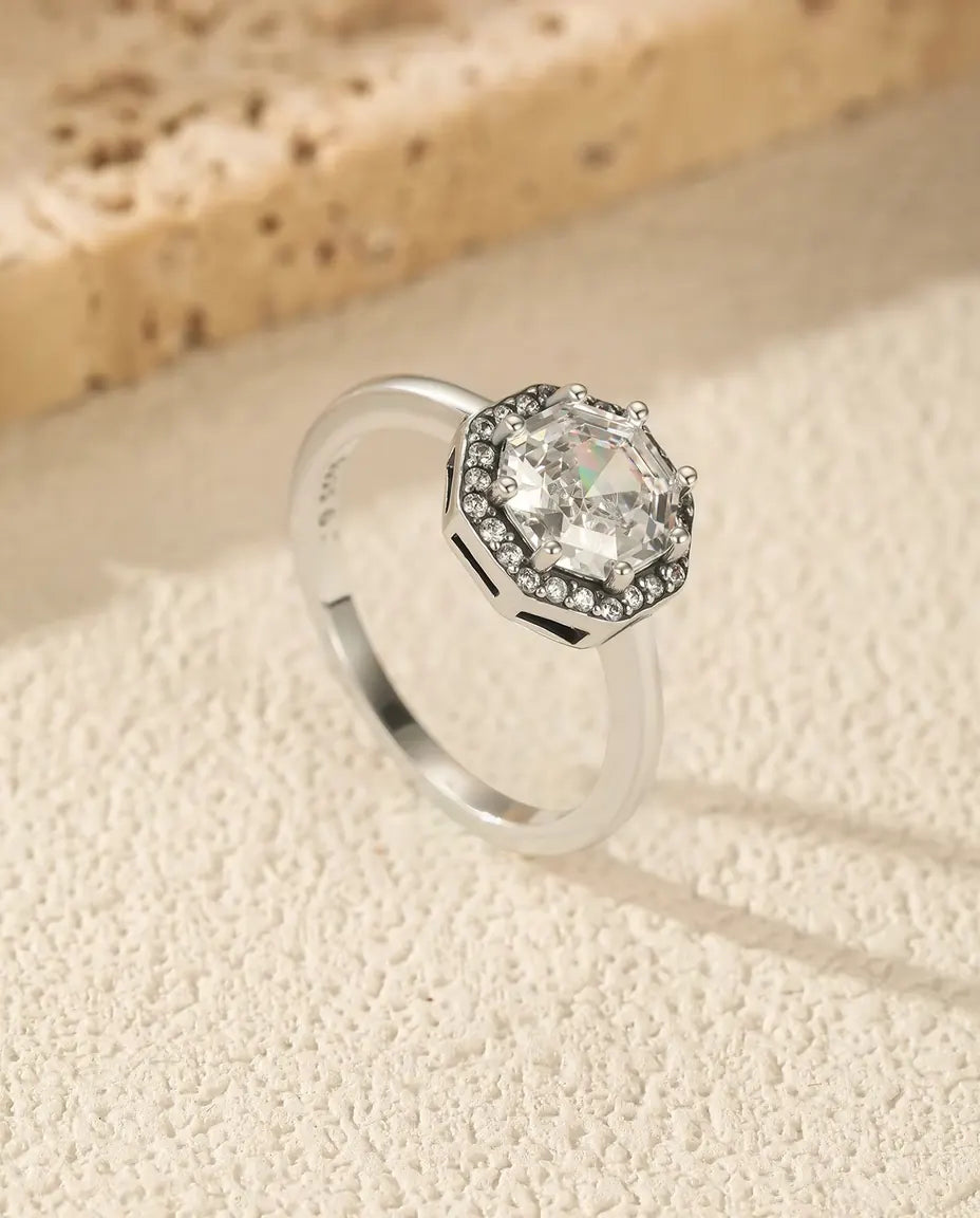 Achthoekige Halo Ring - zirkonia in trapslijpsel met pavé halo, 9,5 mm, maten 5 tot 9, 925 sterling zilver