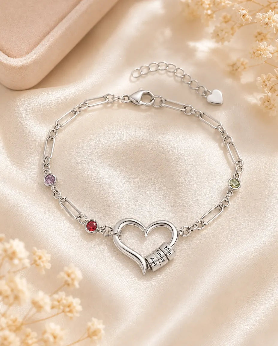 Gepersonaliseerde Armband Dames – Gegraveerde Kralen met tot 4 Namen en Geboortestenen, Witgoudverguld