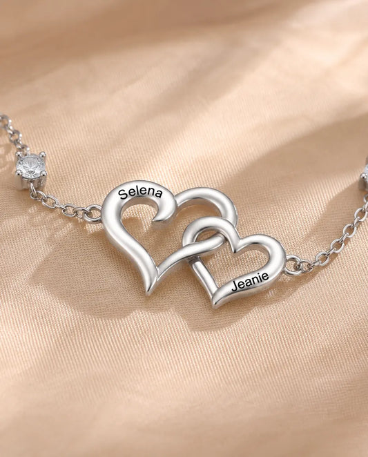 Gepersonaliseerde Dubbel Hart Armband 2 Namen - verstrengelde harten met twee geboortestenen, verstelbaar