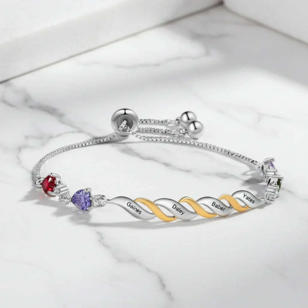 Gepersonaliseerde Armband voor Mama – Hartvormige Geboortestenen met Tot 4 Gegraveerde Namen