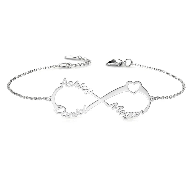 Gepersonaliseerde Armband met Oneindigheidssymbool – 3 Gegraveerde Namen in Zilver, Goud of Roségoud