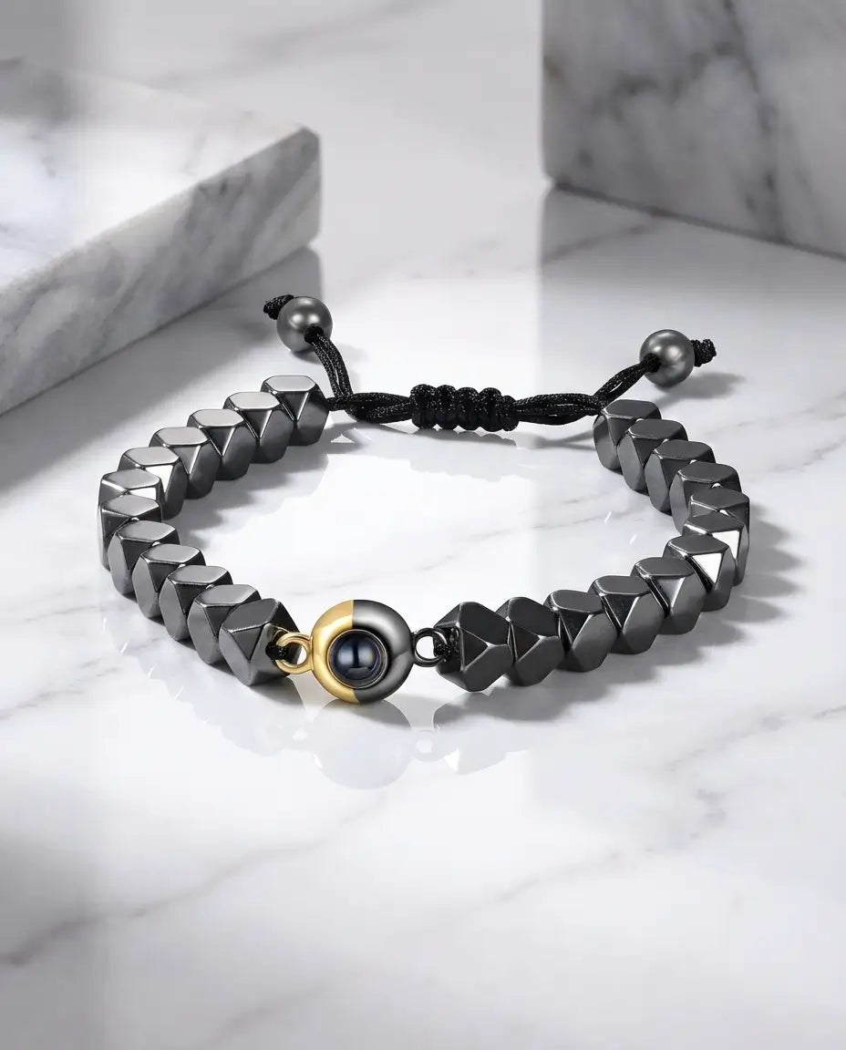 Armband met Foto Erin – Kralen van Echt Hematiet, Unisex Model voor Hem en Haar