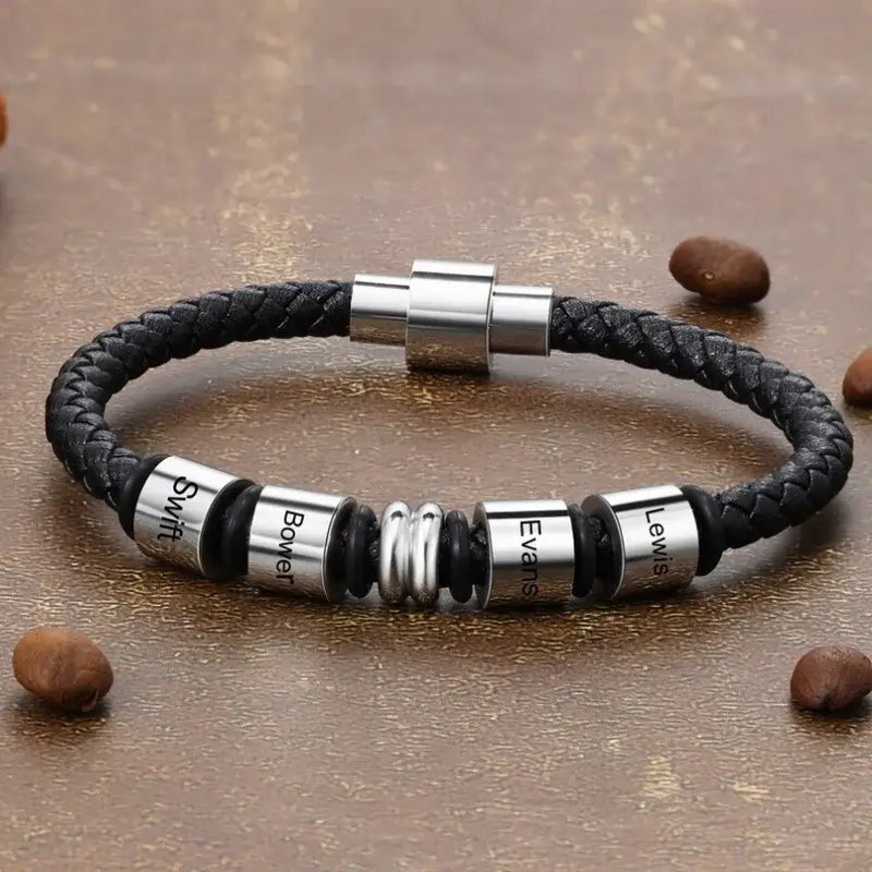 Gegraveerde Herenarmband – Zwart Leer met Roestvrij Staal en tot 4 Namen, 19 cm