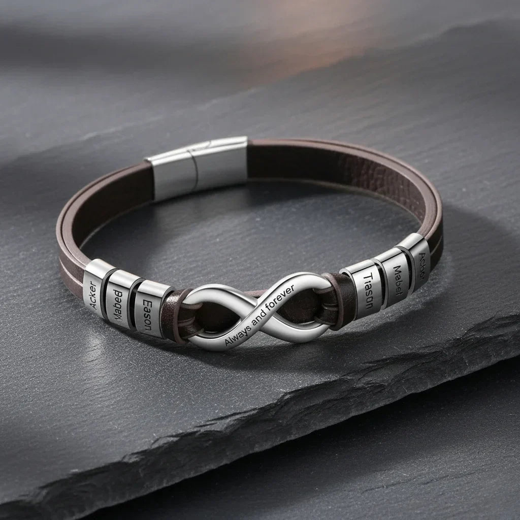 Gegraveerde Herenarmband – Leer met Stalen Sluiting, 2 tot 6 Namen en Infinity-bedel