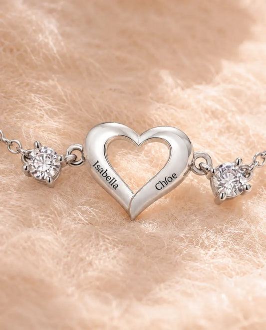 Gepersonaliseerde Armband met 2 Geboortestenen en 2 Namen - open hart, verstelbaar 16,5-21,5 cm, gerhodineerd