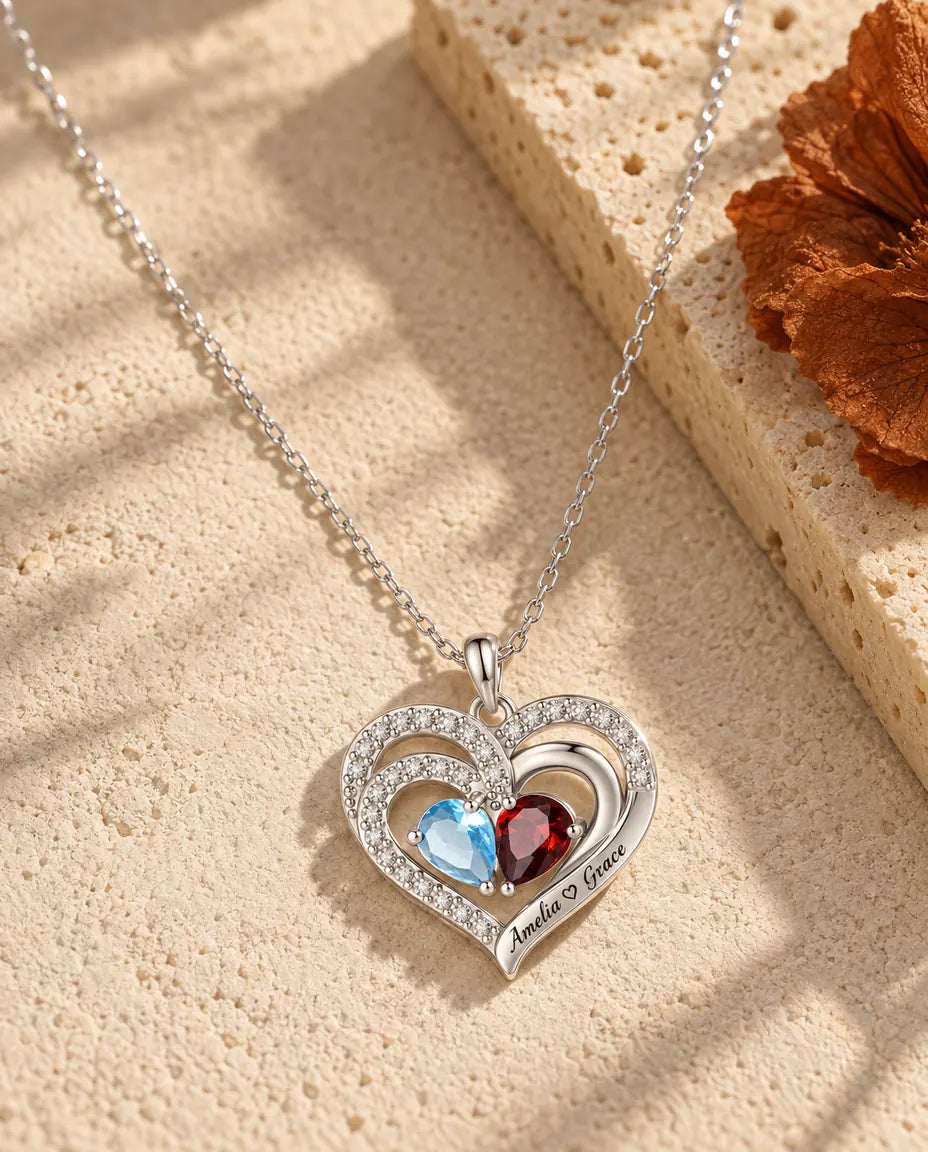 Gepersonaliseerde Geboortesteen Ketting met 2 Namen - dubbel hart hanger met twee druppelstenen, gerhodineerd