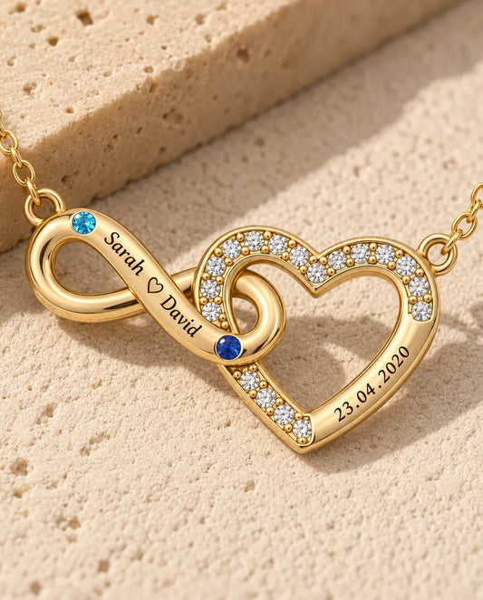 Gepersonaliseerde Ketting met 2 Namen en Datum - gouden oneindig hart met twee geboortestenen