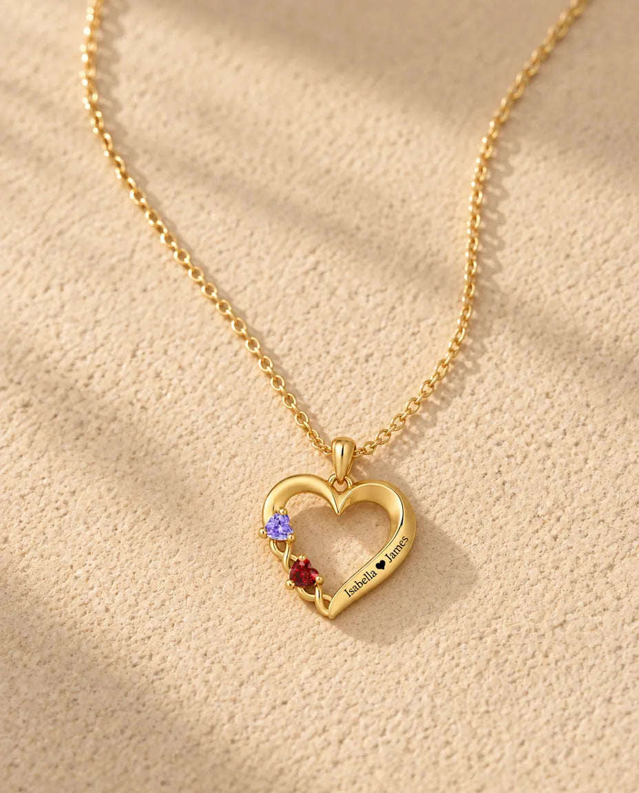 Gepersonaliseerde Geboortesteen Ketting met 2 Namen - gouden open hart met twee hartvormige stenen
