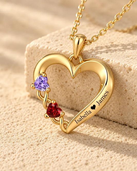 Gepersonaliseerde Geboortesteen Ketting met 2 Namen - gouden open hart met twee hartvormige stenen