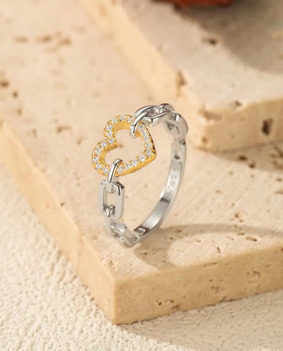 Hart Schakelring tweekleurig - open goudkleurig hart op zilveren schakelband, maten 5 tot 9, 925 sterling zilver