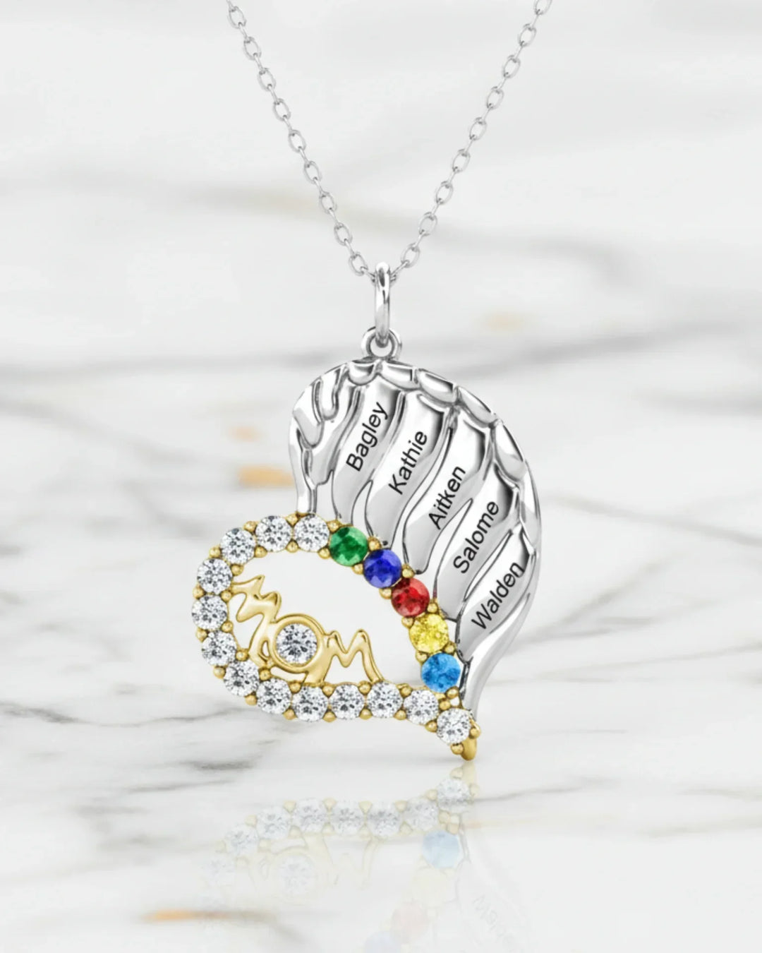 Geboortesteen Ketting voor Mama – Hart met Engelenvleugel en tot 6 Namen, 925 Sterling Zilver