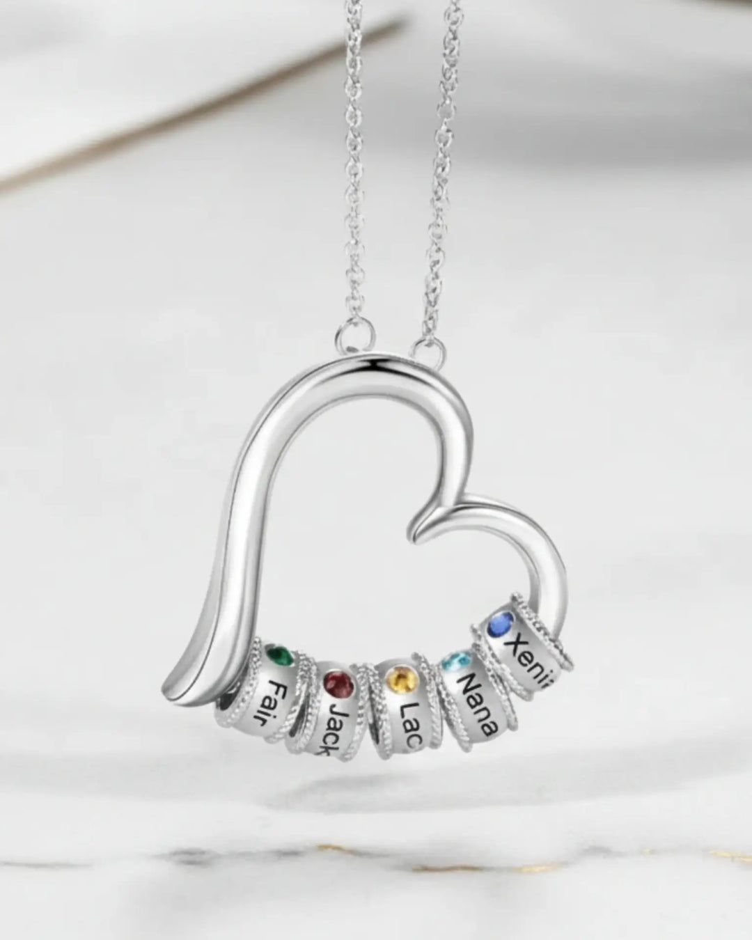 Geboortesteen Ketting met Open Hart – tot 7 Namen en Stenen voor Mama of Oma