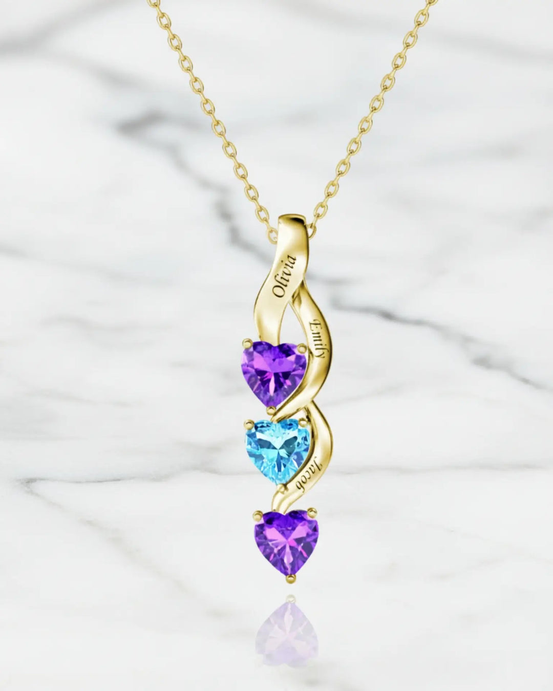 Ketting met Geboortesteen – Verstrengelde Hartjes met 3 Gegraveerde Namen, Zilver of Goud