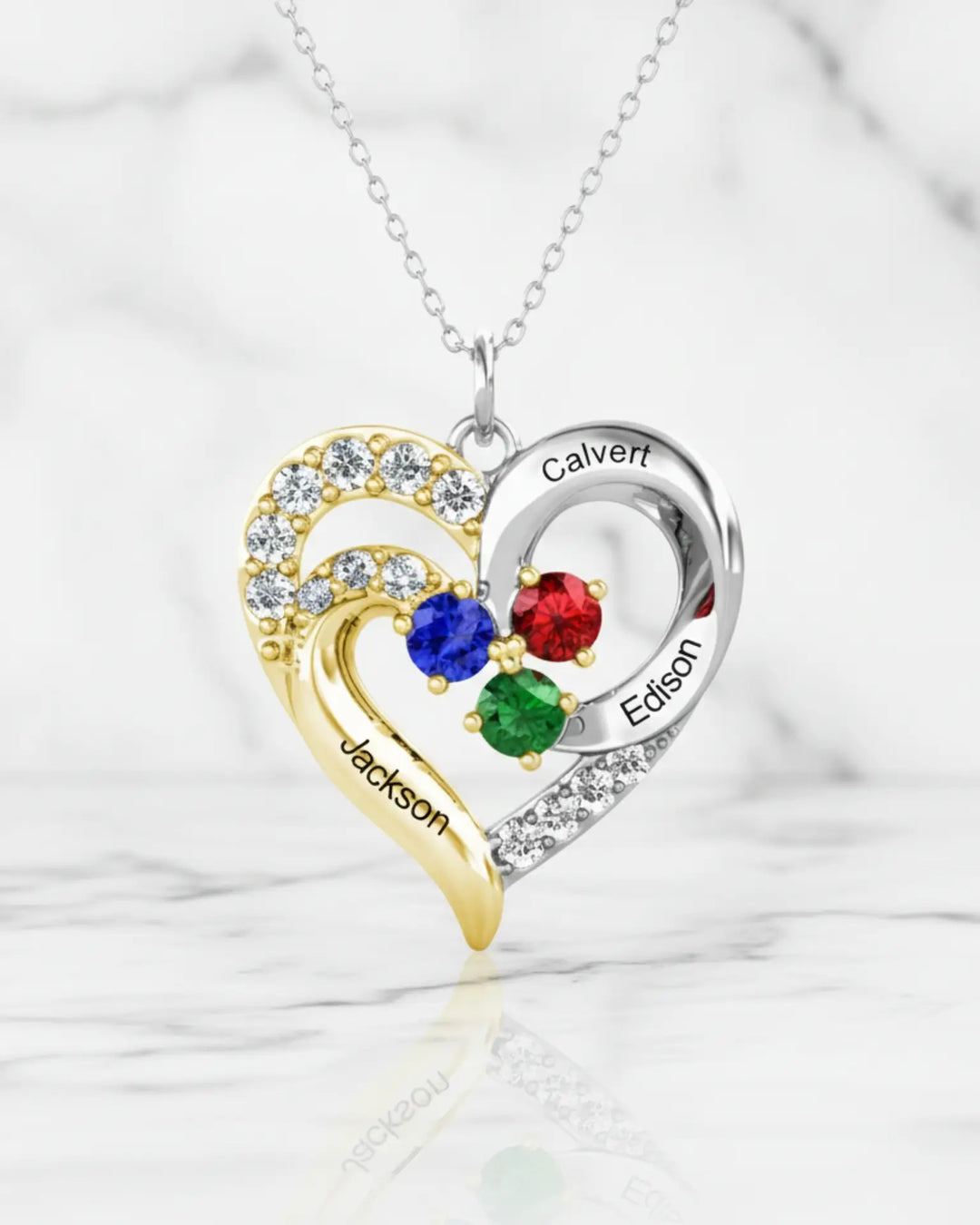 Gepersonaliseerde Ketting – Bicolor Hart in 925 Sterling Zilver met 5 Gegraveerde Namen en Geboortestenen
