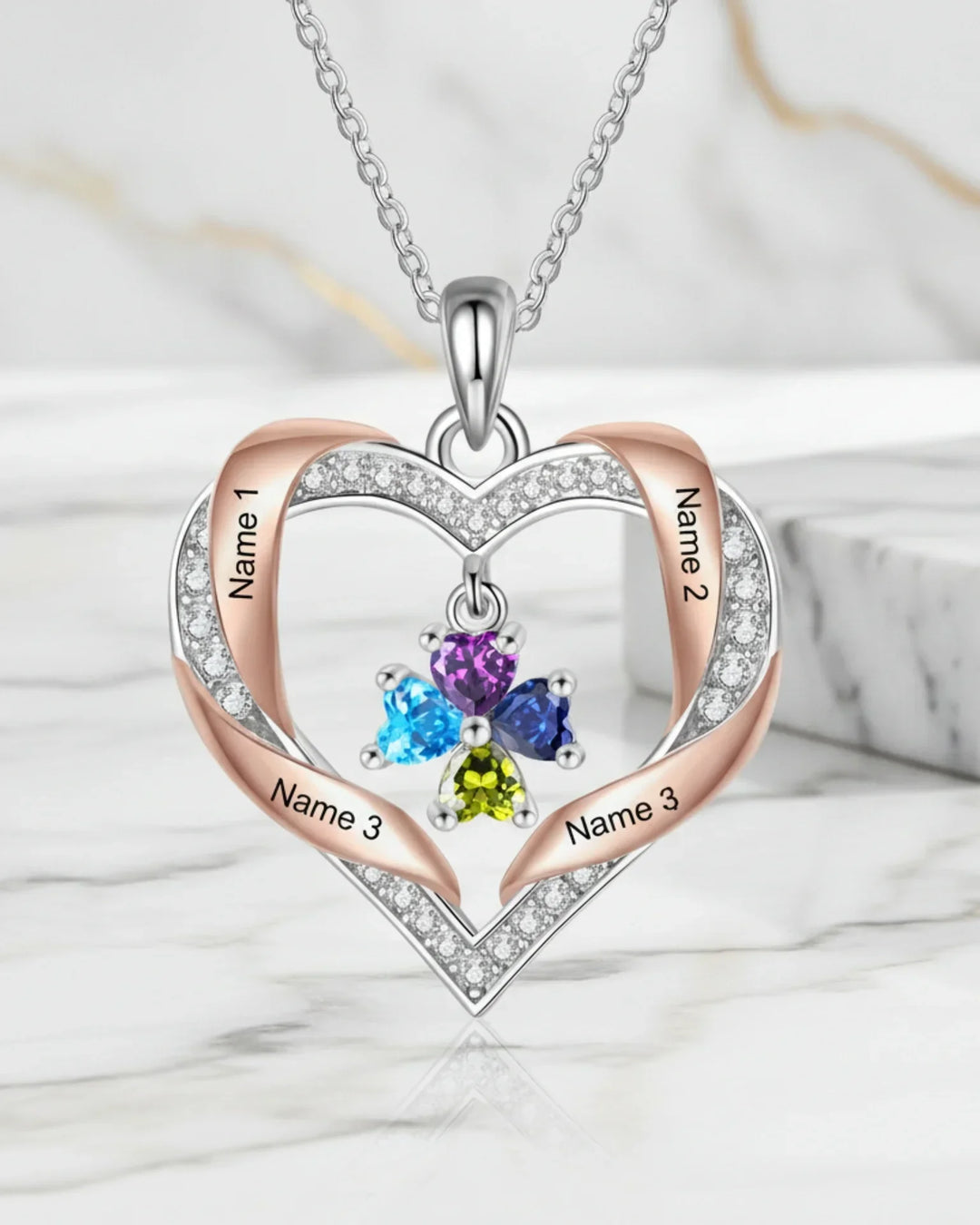 Gepersonaliseerde Ketting – Familiehart met 2 tot 4 Gegraveerde Namen en Geboortestenen