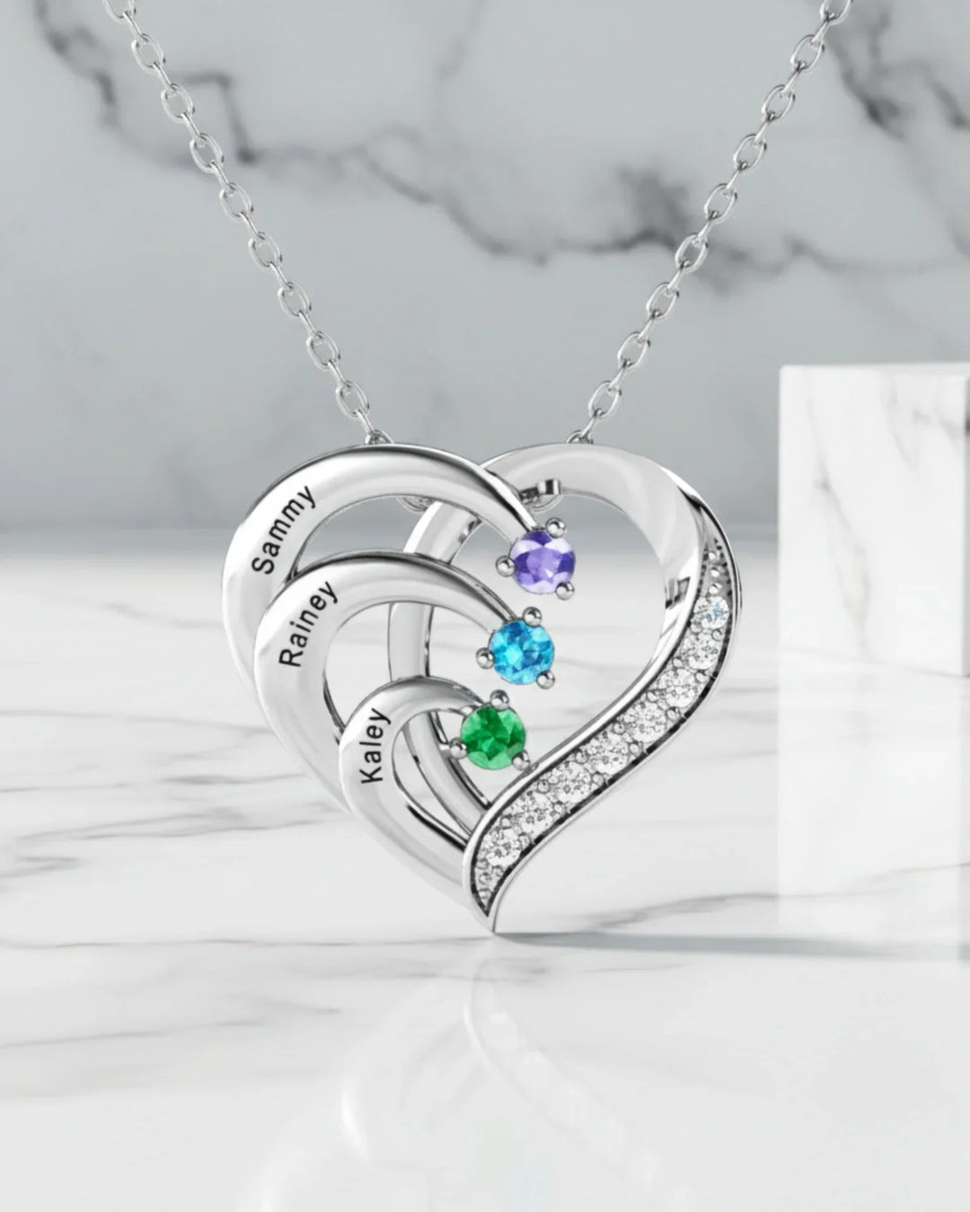 Gepersonaliseerde Ketting met Hart – 3 Namen en 3 Geboortestenen in 925 Sterling Zilver