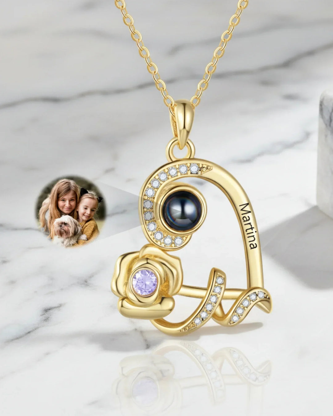 Ketting met Foto Erin – Roos in Hartvorm met Gravure en Geboortesteen