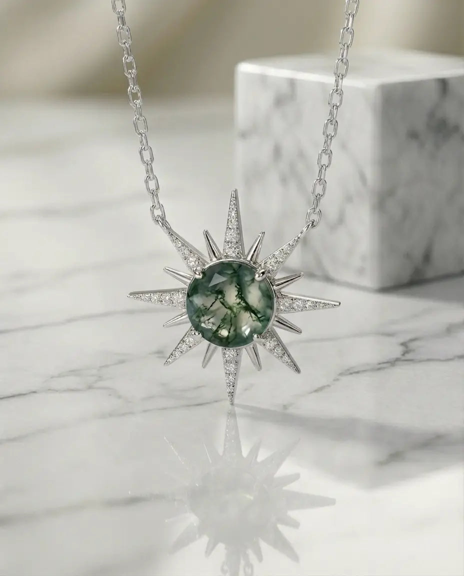 Mosagaat Ketting – Zonnestraal Hanger met Zirkonia Ster, 925 Sterling Zilver