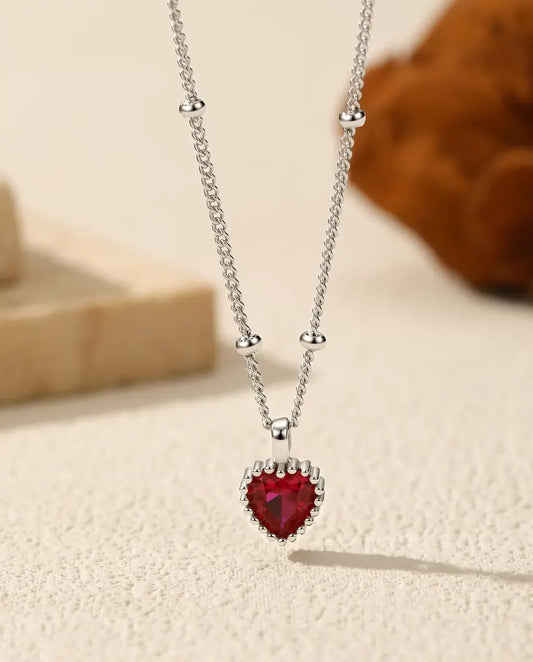 Rode Zirkonia Hart Ketting – hanger van 5 mm met geparelde rand, 925 sterling zilver, bolletjesketting 40+5 cm