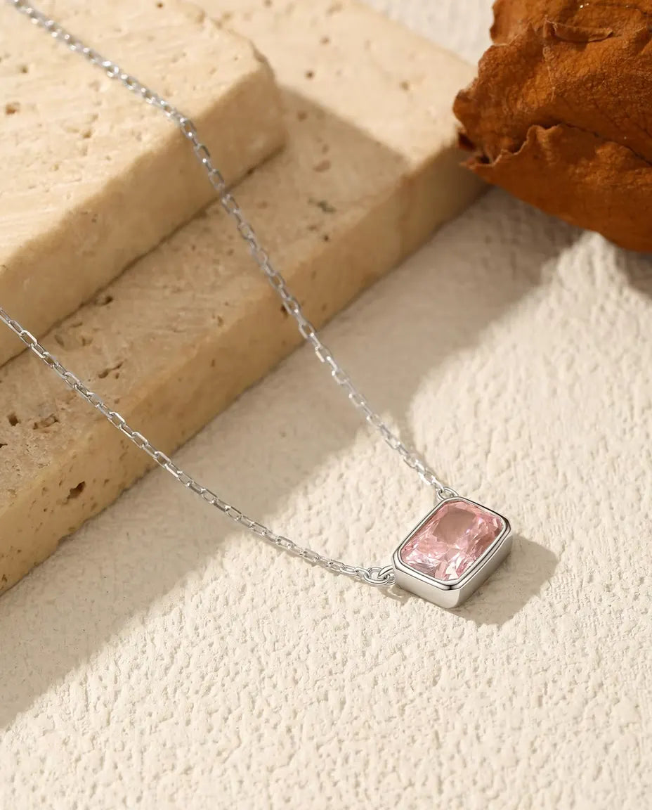 Roze Zirkonia Ketting – hanger van 5 x 7 mm in gesloten kas, 925 sterling zilver, schakelketting 40+5 cm