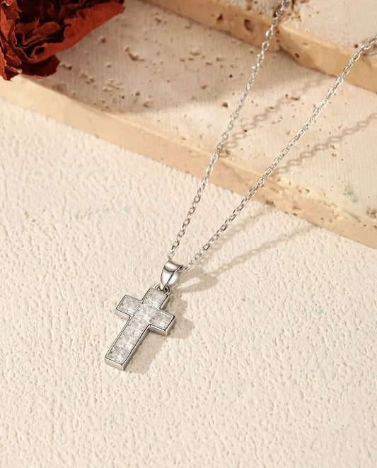 Kruis Ketting met Pavé - hanger van 10 x 17 mm met vast oogje, fijne ketting 40+5 cm, 925 sterling zilver