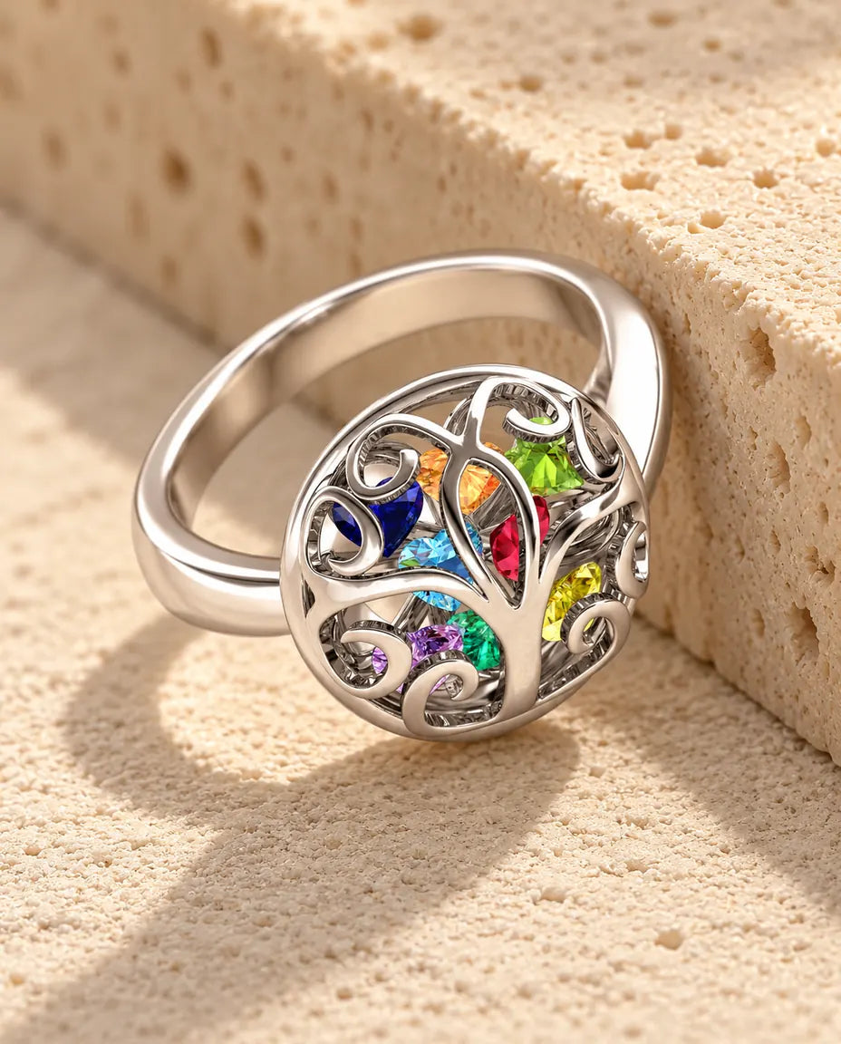Levensboom Ring met 9 Geboortestenen - 925 zilveren familiering voor mama met gravure aan de binnenkant - in sterling zilver