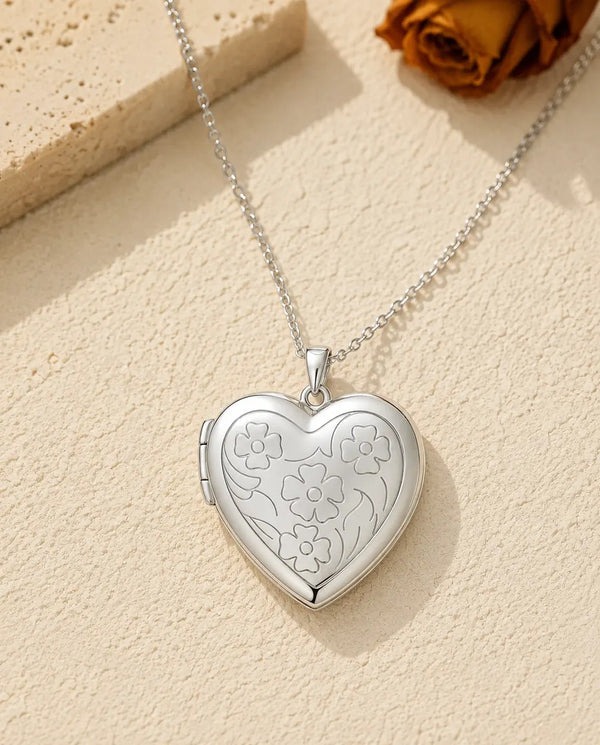 Hart Medaillon met 2 Foto's - medaillon met gegraveerde bloemen en parelmoeren achterkant, zilver of goud, ketting 50+5 cm