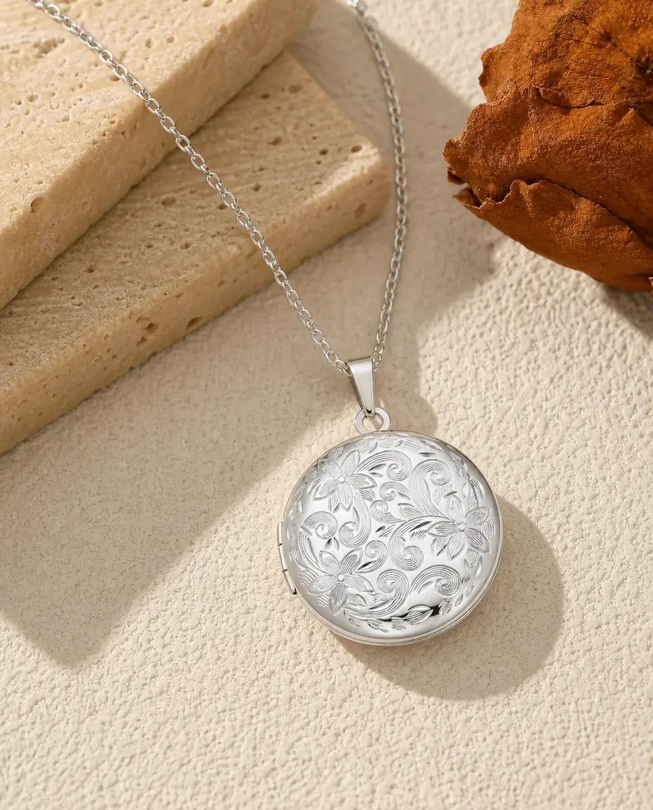 Medaillon met Foto – Rond met Bloemengravure voor 2 Foto's, Zilver- of Goudkleurig Staal