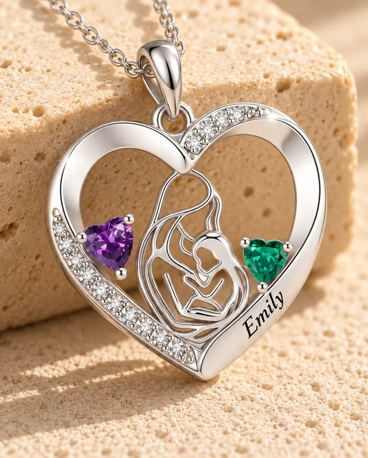 Gepersonaliseerde Moeder en Kind Ketting met Naam - hart hanger met twee geboortestenen, gerhodineerd