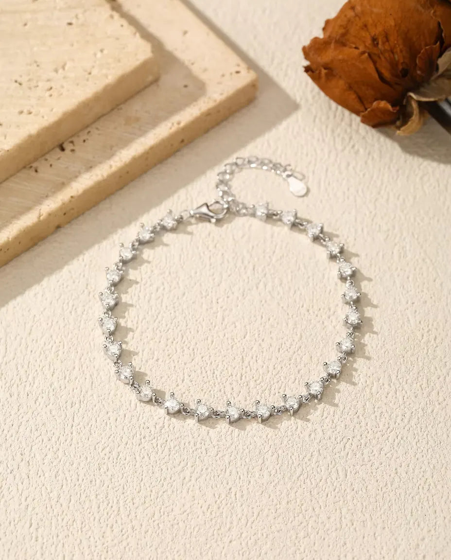 Moissaniet armband - 24 ronde stenen in kleur D los gezet, 925 zilver, 16 cm met verlengketting