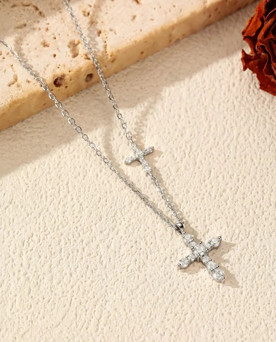Moissanite Ketting Dubbel Kruis - pavé kruishanger en horizontaal kruis in de ketting, 925 zilver, 40+5 cm