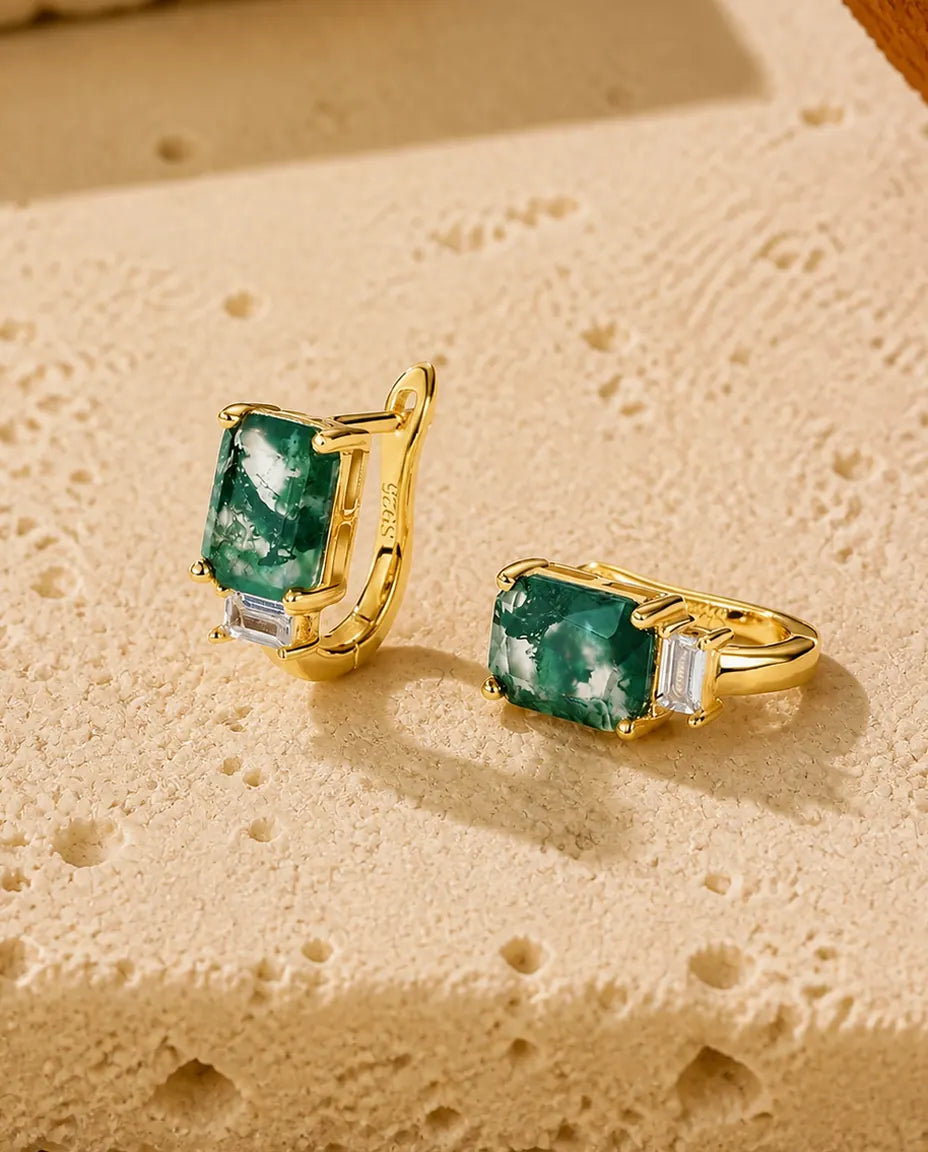 Mosagaat klaphoops - Emeraldslijp van 6 x 8 mm met baguette zirkonia, 925 zilver met 10K goudlaag, cadeau voor haar