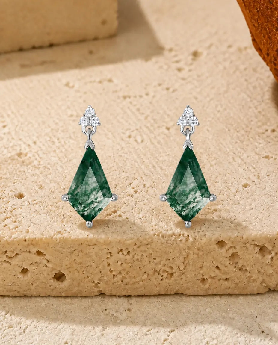 Mosagaat oorhangers - Groene mosagaat in vliegerslijpsel met trio zirkonia, 925 sterling zilver, cadeau voor haar