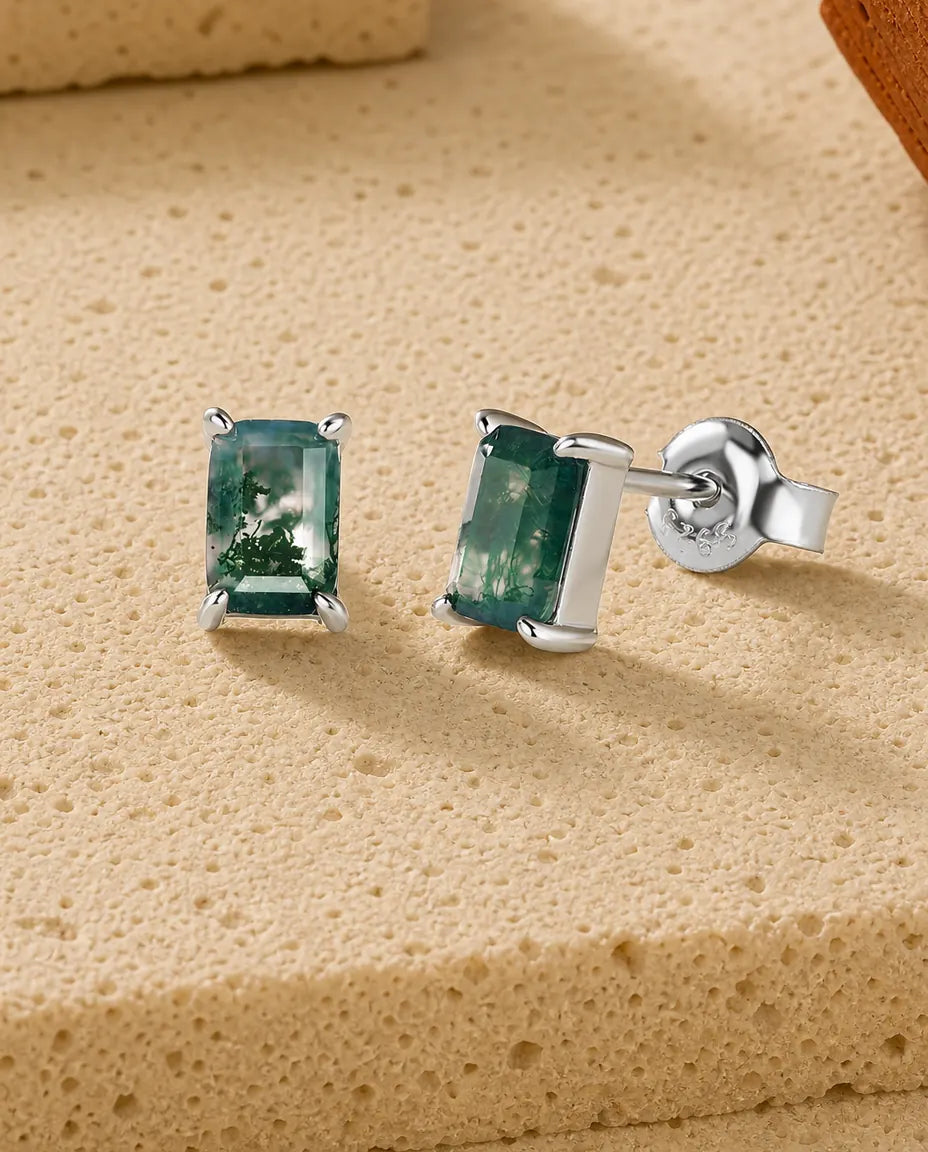 Mosagaat oorstekers - Rechthoek in emeraldslijp rechtop gezet, 7 x 5 mm, 925 sterling zilver, cadeau voor haar