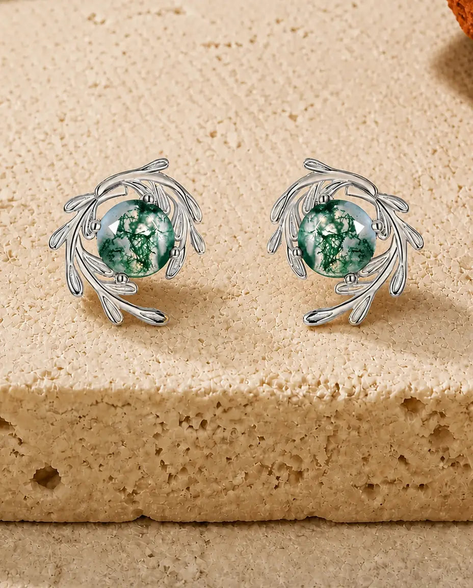 Mosagaat oorstekers - Ronde mosagaat in een wervel van zilveren bladranken, 925 sterling zilver, cadeau voor haar