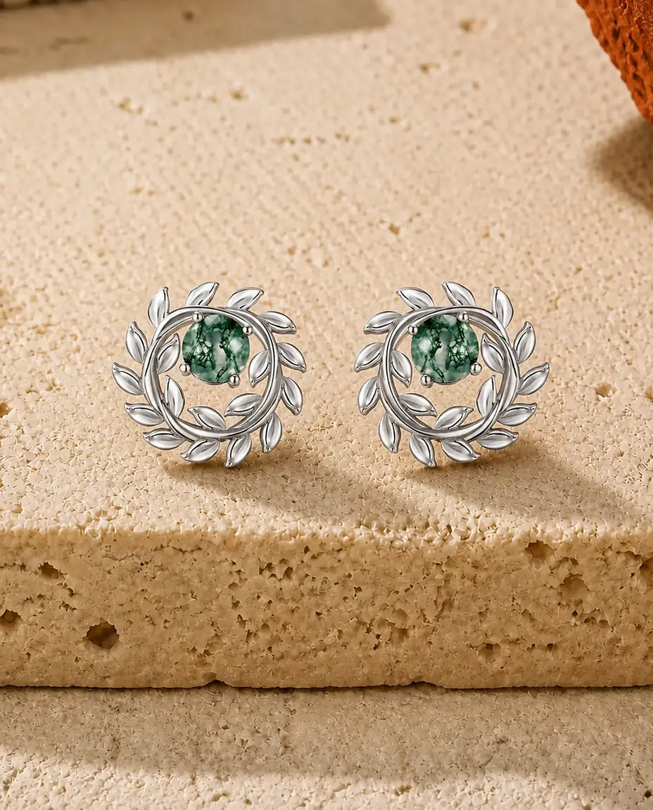 Mosagaat oorstekers - Ronde mosagaat in een zilveren lauwerkrans, 925 sterling zilver, cadeau voor haar