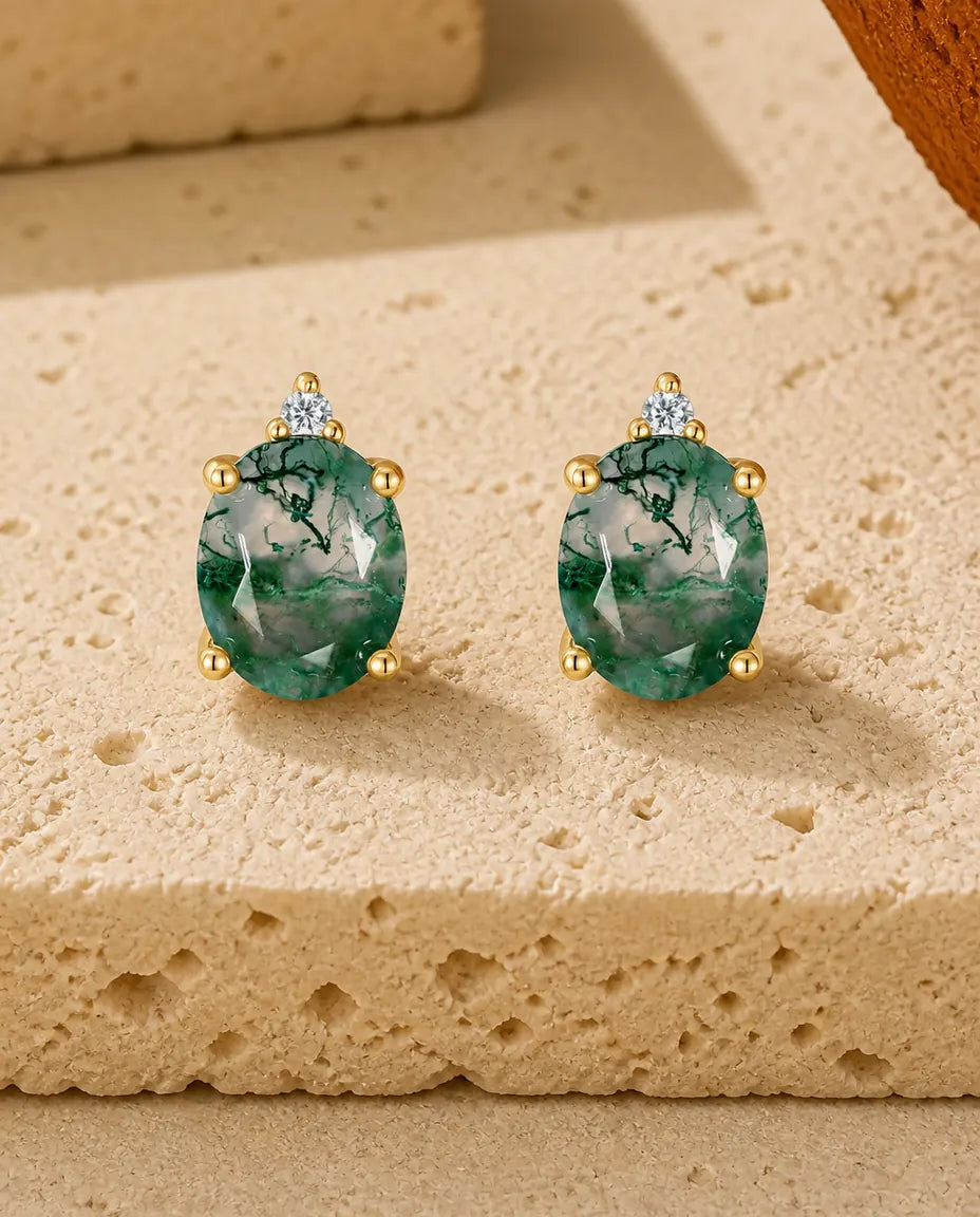 Mosagaat oorstekers - Ovale groene mosagaat met een enkele zirkonia erboven, 925 sterling zilver met 10K verguldsel, cadeau voor haar
