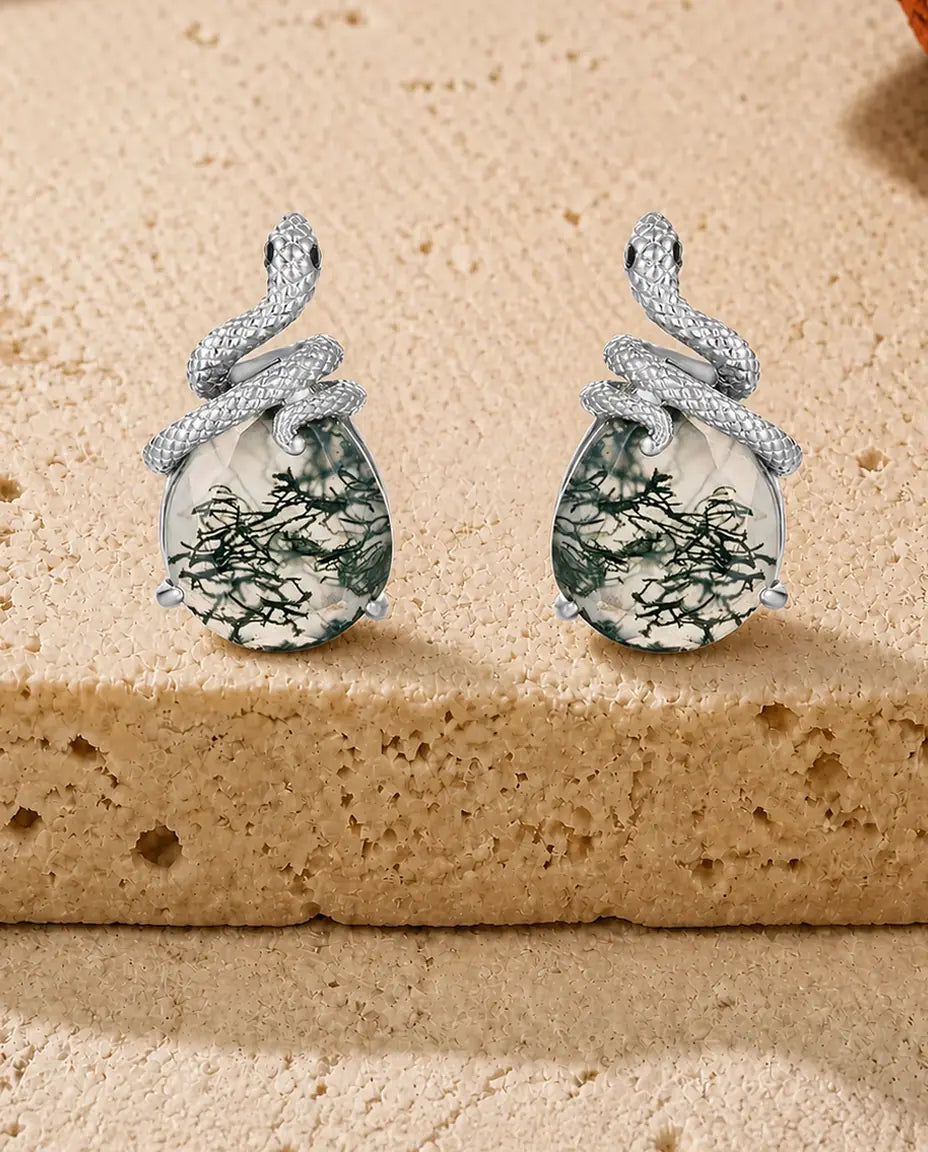 Mosagaat Oorstekers - Slang om druppelvormige mosagaat cabochon, 925 sterling zilver, cadeau voor haar