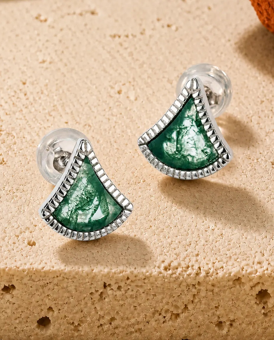 Mosagaat Oorstekers - Waaiervormige groene mosagaat met geribbelde zetting, 925 sterling zilver, cadeau voor haar