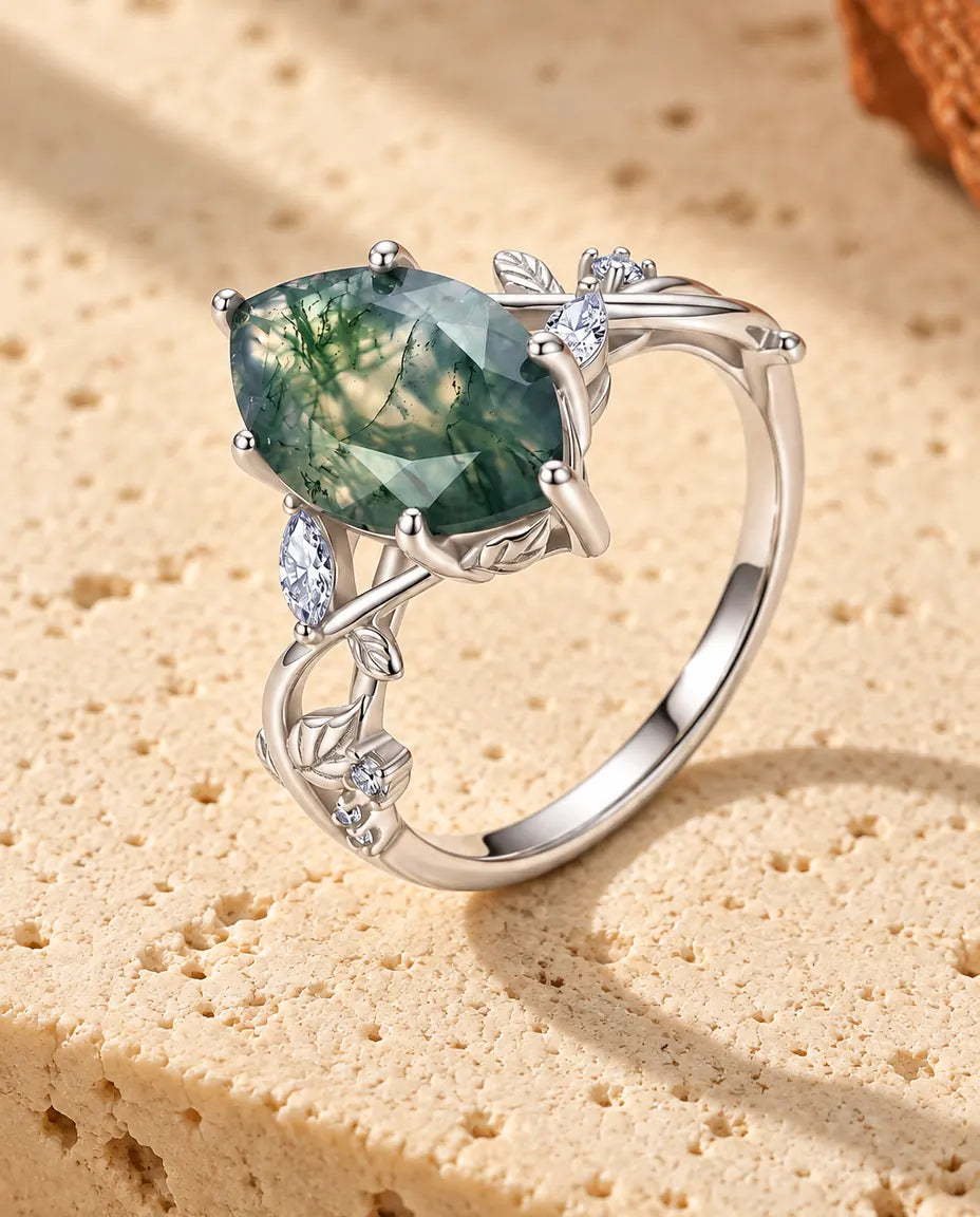 Mosagaat Ring – Marquise Solitaire op Zilveren Ranken met Blaadjes en Zirkonia, Verlovingsring in 925 Sterling Zilver Geïnspireerd op de Natuur