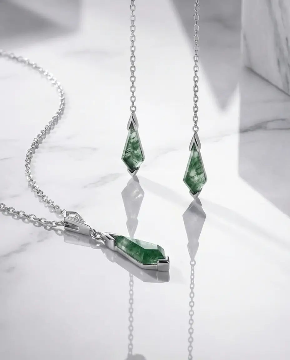 Mosagaat Sieradenset – Kite Geslepen Ketting en Oorhangers, 925 Sterling Zilver