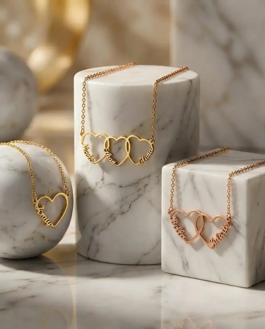 Naamketting met Verstrengelde Open Hartjes – 1 tot 5 Gegraveerde Namen in Zilver, Goud of Roségoud