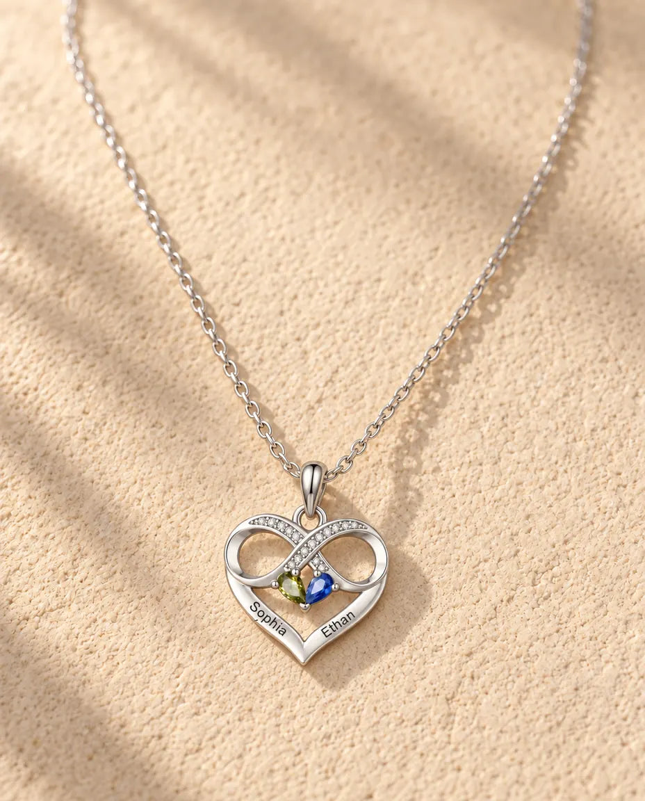 Gepersonaliseerde Geboortesteen Ketting met 2 Namen - oneindig hart met twee druppelstenen, gerhodineerd