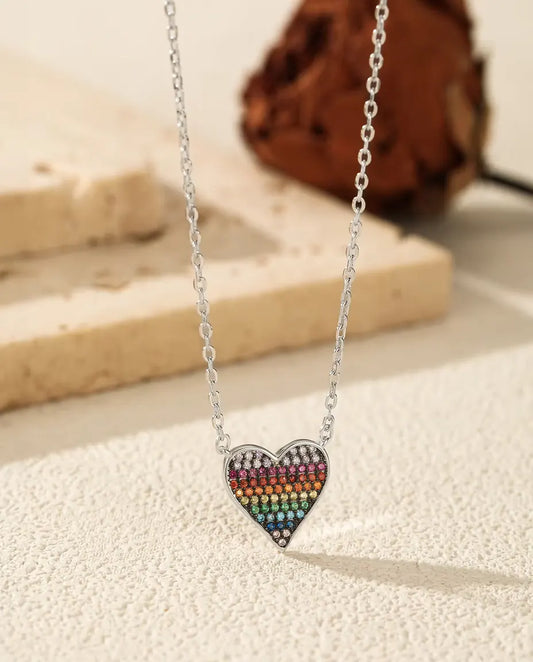 Regenboog Hart Ketting - hanger met pavé in zirkonia verloop, 40+5 cm, 925 sterling zilver