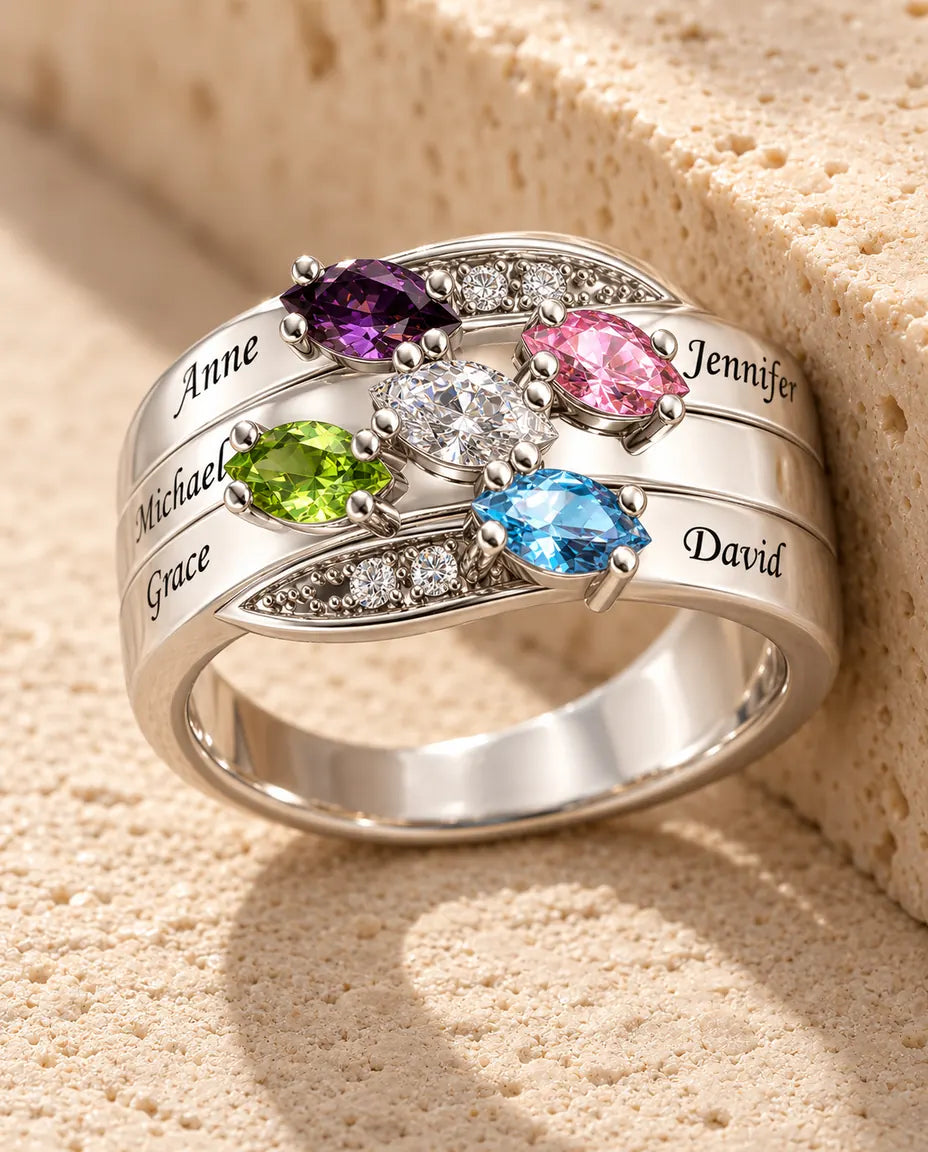 Gepersonaliseerde Ring met 5 Geboortestenen en 5 Namen - brede 925 zilveren familiering voor mama - in sterling zilver