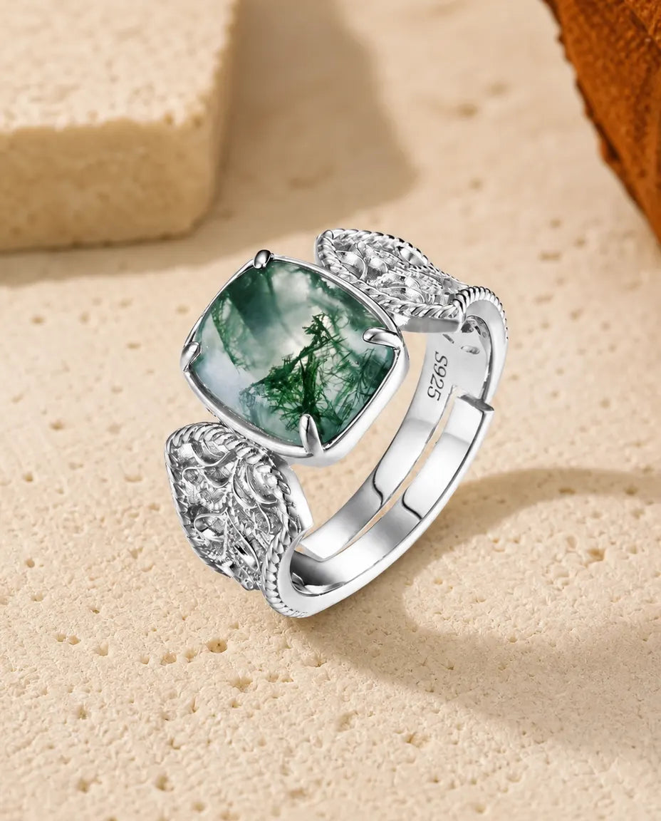Mosagaat Ring – Grote Kussencabochon met Filigrain Band in 925 Sterling Zilver, Verstelbare Cocktailring