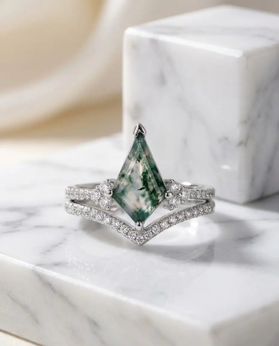 Mosagaat Ring Set – Kite Geslepen Steen van 7 x 11 mm met Chevron Aanschuifring en Vintage Zirkonia