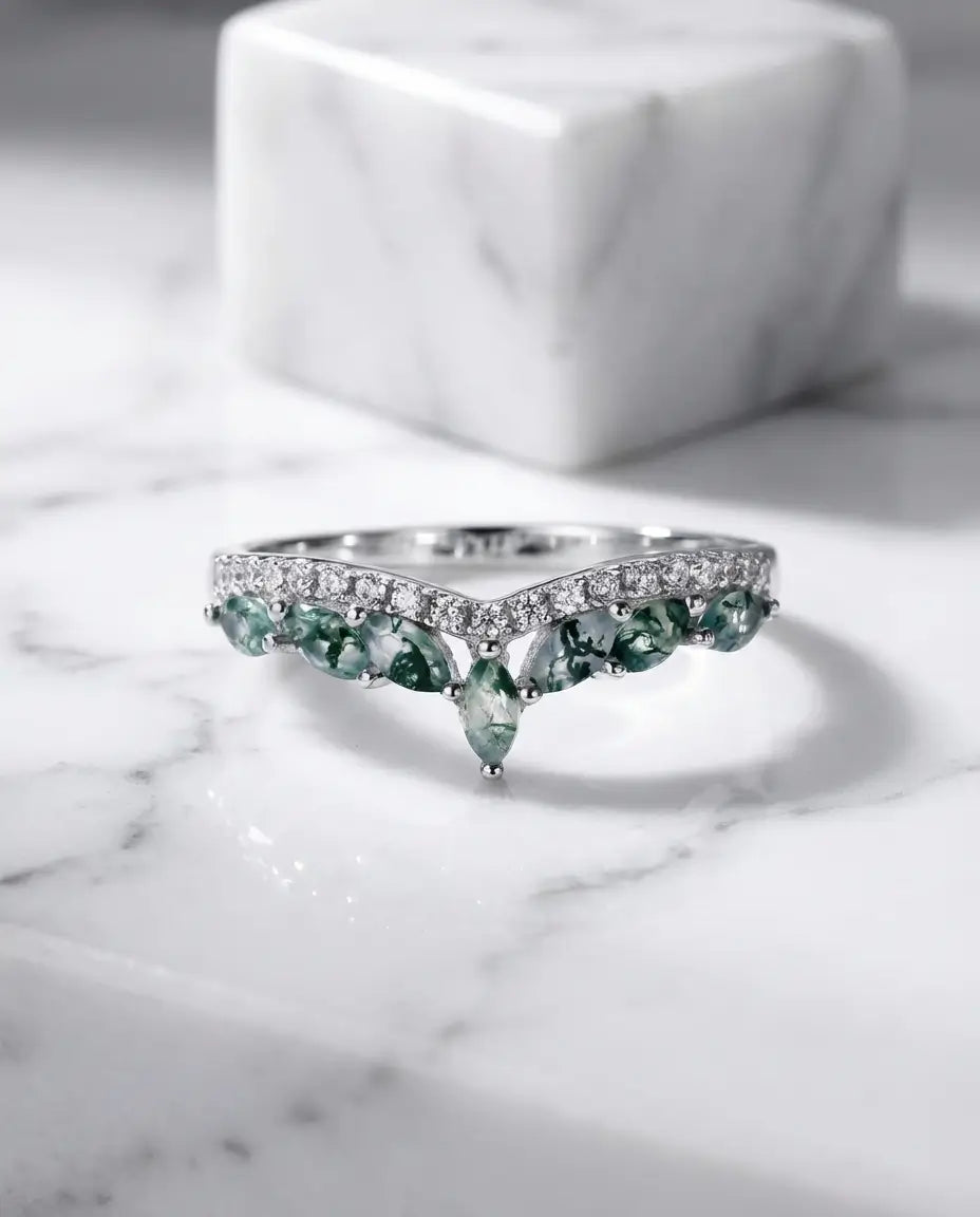 Mosagaat Ring – Chevronband met Marquise Blaadjes in 925 Sterling Zilver, Stapelbaar