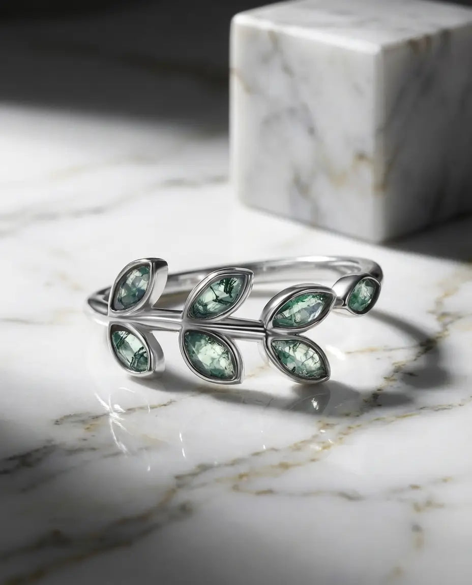 Mosagaat Ring met Olijftak – 925 Sterling Zilver, Verstelbare Open Ring