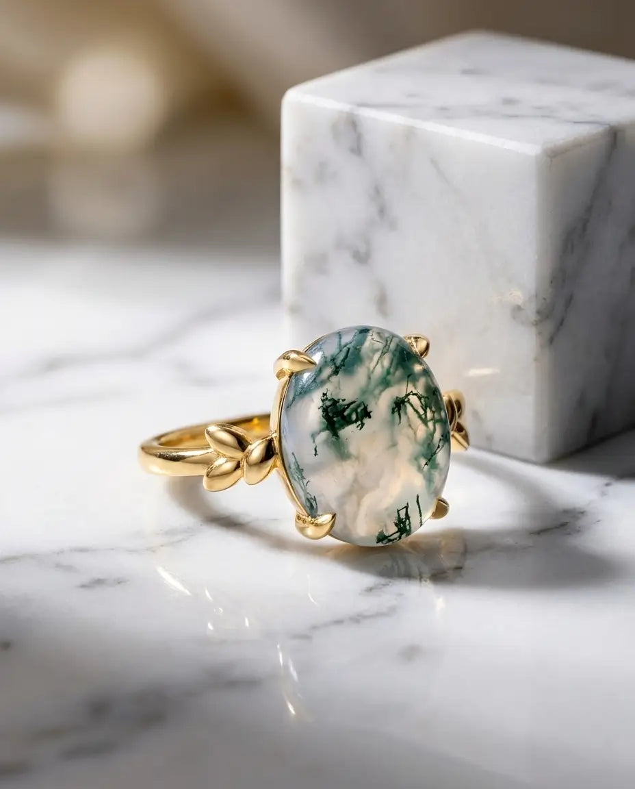 Mosagaat Ring – Ovale Steen van 10 x 12 mm met Blaadjesklauwen, 10K Goudverguld